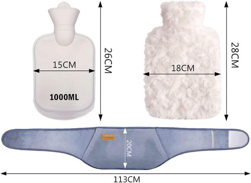 Kellegour Hot Water Bottle With Plush Waist Cover - Rubber Bag for Menstrual Cramps, Pain Relief, Neck, Shoulder, Back