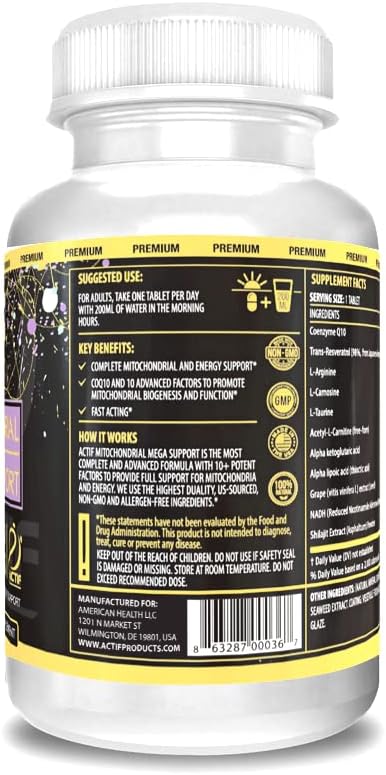 Actif Mitochondrial Mega Support, Non GMO, Fast Acting Energy Support with 10+ Advanced Factors, 60 Count