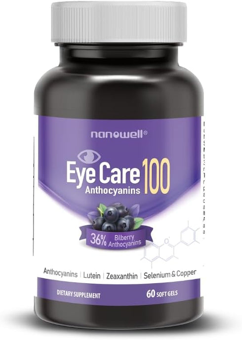 EyeCare Anthocyanins 100, 60 Softgels Eye Health Supplement with Bilberry, Lutein, Vitamin A & E