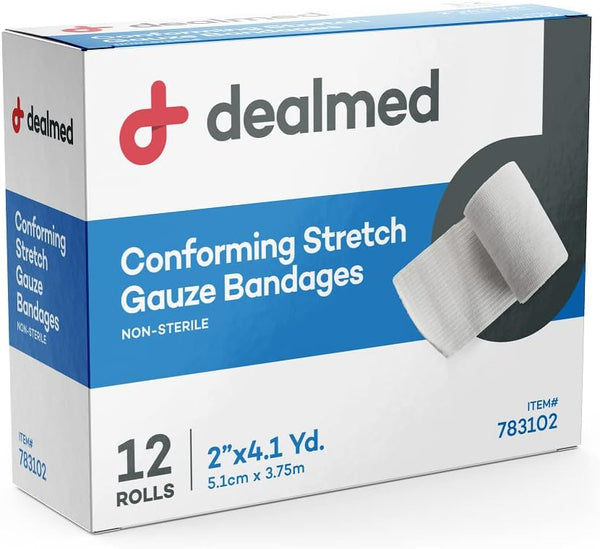 Dealmed 2" Non-Sterile Conforming Stretch Gauze Bandages, 4.1 Yards, Latex Free, Box of 12 Rolls