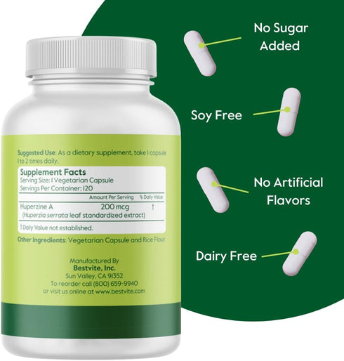 BESTVITE Huperzine A 200mcg, 120 Vegetarian Capsules, Naturally Derived, Vegan, Non-GMO, Gluten Free