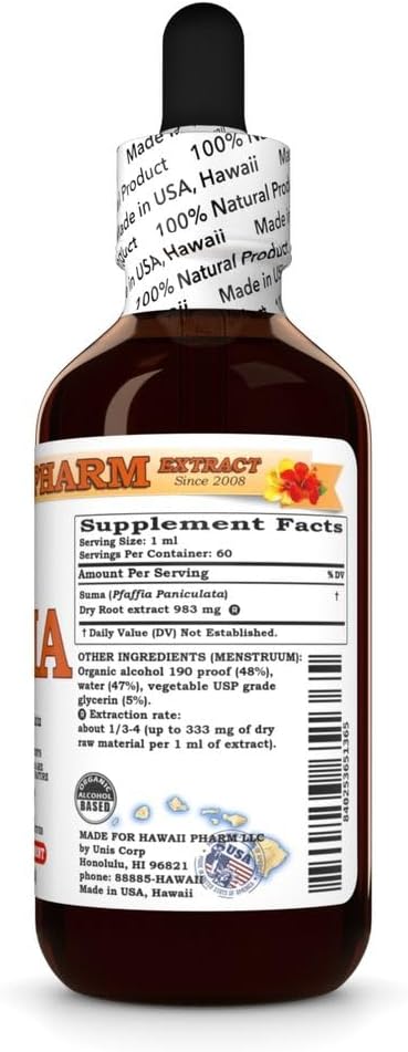 Hawaii Pharm 2 fl.oz Suma (Pfaffia Paniculata) Dry Root Tincture, All Natural, Vegan, Pure Liquid Extract