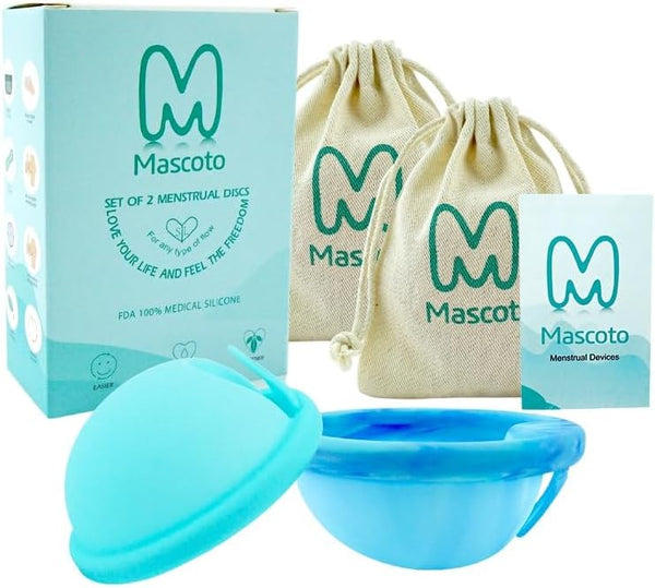 Mascoto Reusable Menstrual Disc Set, Pack of 2 Soft Medical-Grade Silicone, Leak-Resistant Design,