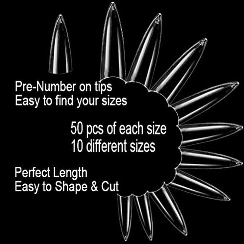 VIVACE Clear Long Stiletto Gel Nail Tips, 500pcs, 10 Sizes with Clear Plastic Case for Nail Salon