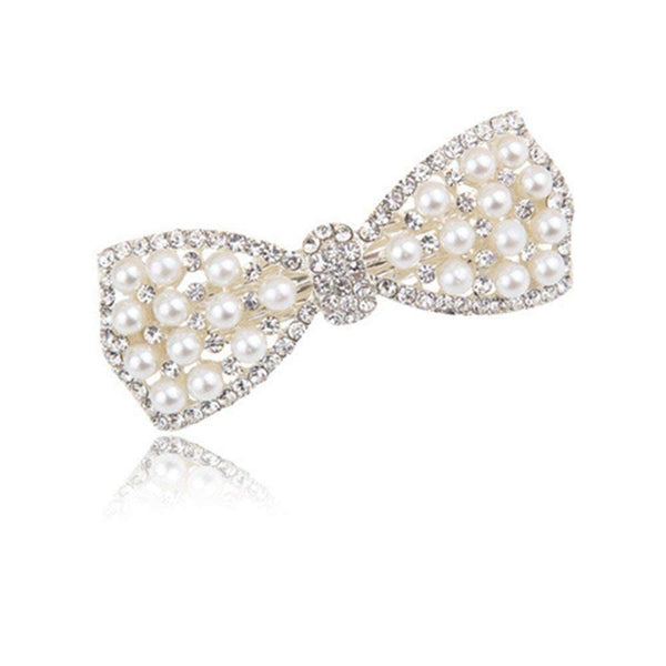 Silver Korean Style Hair Barrettes with Crystal Rhinestones and Butterfly Pearls Hair Clips for Women (1Pcs)