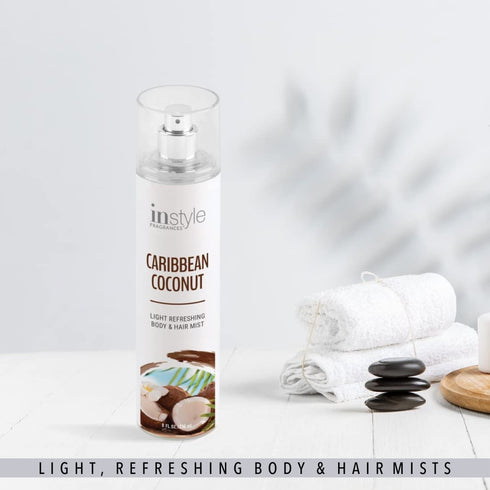 Instyle Fragrances Body & Hair Mist - Caribbean Coconut Scent, Vegan, Paraben Free, 8 Fl Oz Spray Bottle