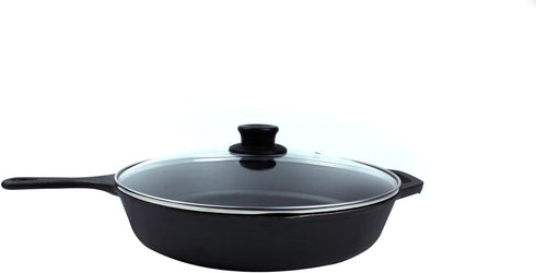 12-Inch Cast Iron Skillet Set (Pre-Seasoned) with Large & Assist Silicone Hot Handle Holders, Glass Lid, Scraper &