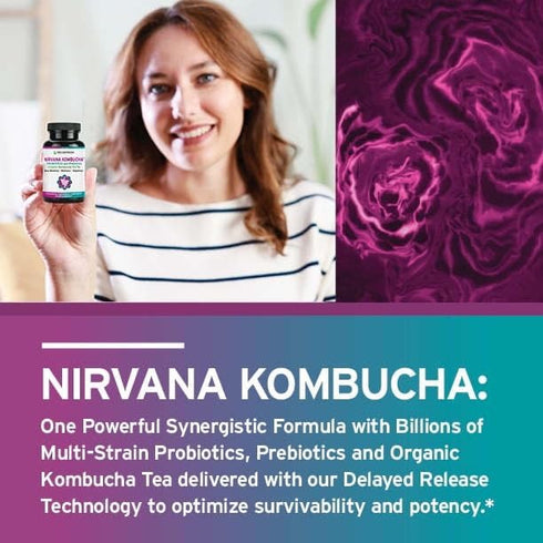 TRIO NUTRITION Nirvana Kombucha, Multi-Strain Probiotics & Prebiotic Blend with Organic Tea, Delayed-Release Capsules