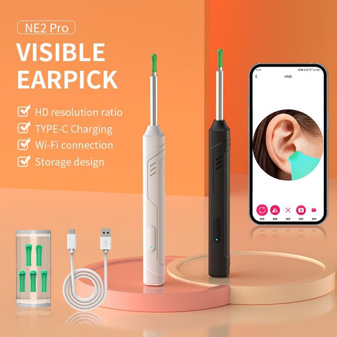 Earwax Removal Kit with Camera and Light, 6 Ear Spoons, Compatible with iOS & Android Devices, White