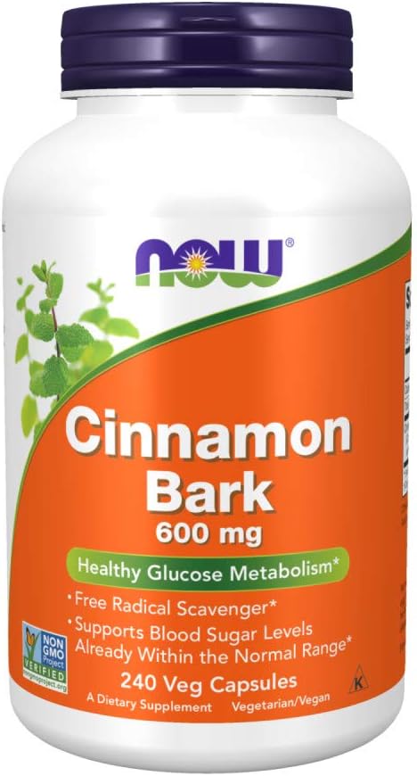 NOW Supplements Cinnamon Bark 600 mg, 240 Veg Capsules for Healthy Glucose Metabolism