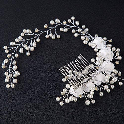 Kercisbeauty Wedding Bridal Pearl White Rose Flower Headband, Silver Hair Comb for Prom, Rustic Vintage Accessory