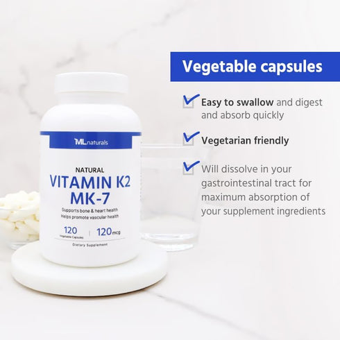 Natural Vitamin K2 MK-7 120 mcg, 120 Vegetable Capsules, Supports Bone & Heart Health, Promotes Vascular Health