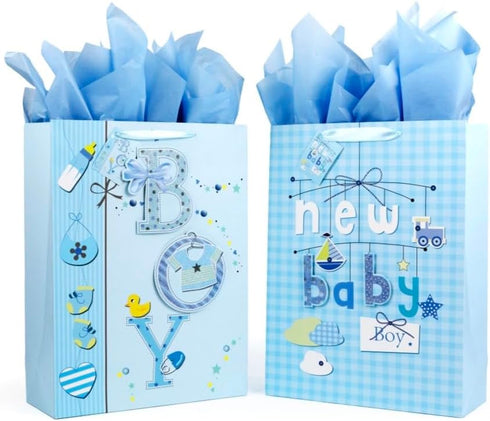 Golden J Store 16.5" Extra Large Baby Gift Bags with Tissue Papers for Baby Showers 2-Pack (Blue)
