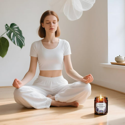 Kamria 7oz Violet Iris Sandalwood Candle, Elegant Floral Woody Aromatherapy in Amber Glass Jar, Natural Soy Wax