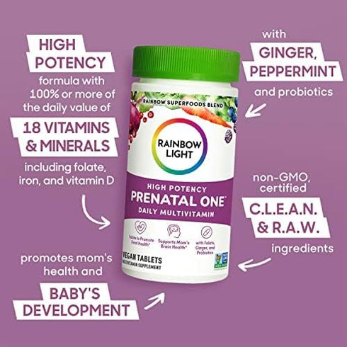Rainbow Light High-Potency Prenatal One Multivitamin, 60 Count, Vegan, Supports Mom's Health and Baby's Development