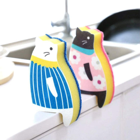 Sink Cat Dish Sponge Scrubber for Washing Dishes, Pack of 4 Dishwashing Cloth Scrubbers (BluePink Set)