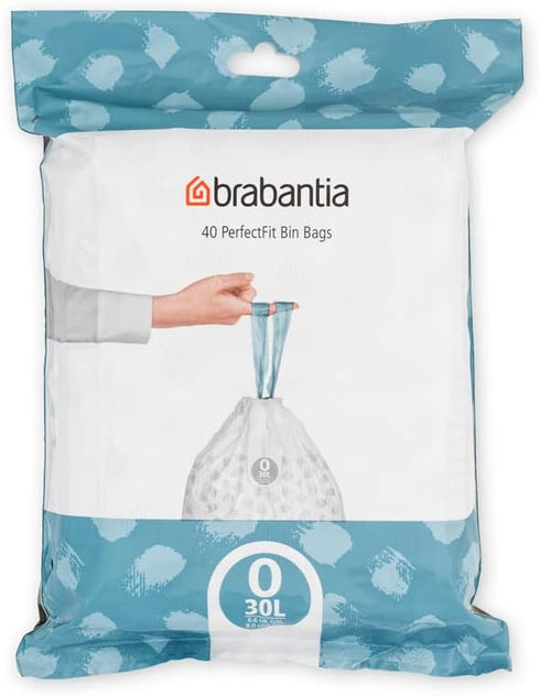 Brabantia PerfectFit Trash Bags, Size O/8 Gal, Thick Plastic Trash Can Liners with Drawstring Handles, 40 Bags