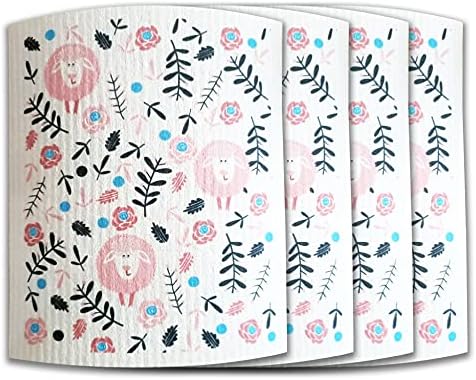 Swedish Dishcloth Reusable Kitchen Dish Towels, Absorbent Fast Dry Cleaning Cloths Set of 4 (Sheep)