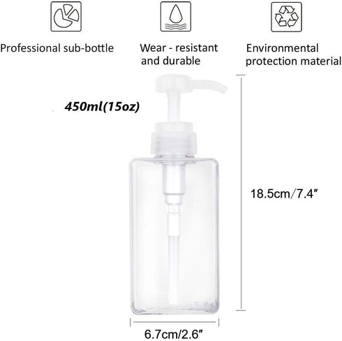Pump Bottle 15oz/450ml, Refillable Plastic Empty Lotion Soap Dispenser for Bathroom Shampoo and Body Wash, Clear 2 Pack
