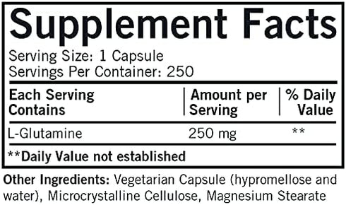 L-Glutamine 250 mg - Hypoallergenic Amino Acid | 250 Vegetarian Capsules | Gluten and Casein Free