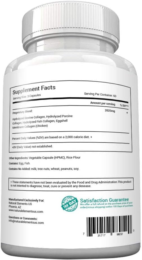 Multi Collagen 180 Protein Capsules - Type I, II, III, V, X Collagen Pills - 2025mg per Serving