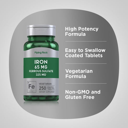 Iron Ferrous Sulfate 65 mg 250 Tablets | High Potency Vegetarian, Non-GMO, Gluten Free Supplement