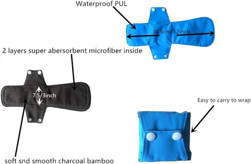 MUMBABY 6pcs 12 Inch (30.5cm) 12inch) Heavy Flow Charcoal Bamboo Mama Cloth/Menstrual Pads/Reusable Sanitary Pads