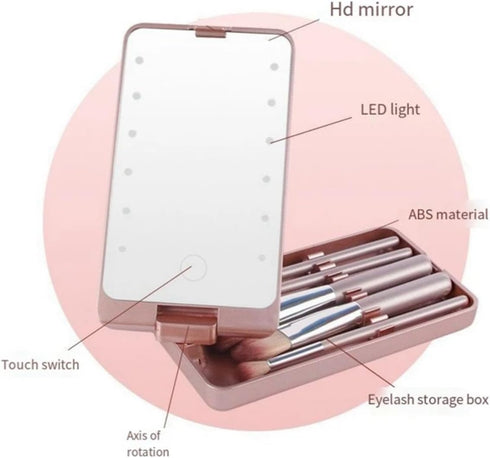 Portable Makeup Mirror with 5 Makeup Brushes, Travel Case Storage Box LED Rechargeable Makeup Mirror (White)