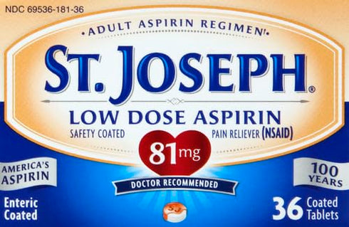 St. Joseph Aspirin Pain Reliever (NSAID) 81mg, Enteric Safety Coated, Adult Low Dose Regimen, 36 ct