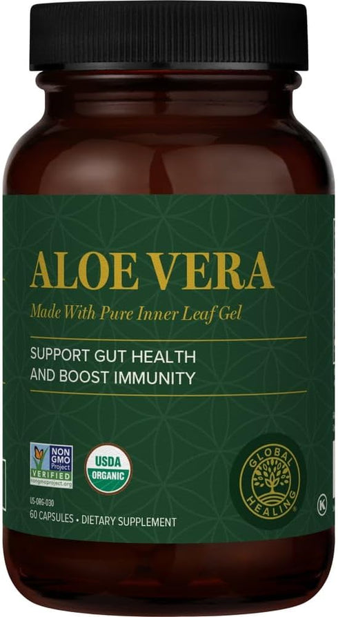 Global Healing Aloe Vera Bio-Active Organic Leaf Supplement, 200x Concentrate, 60 Capsules