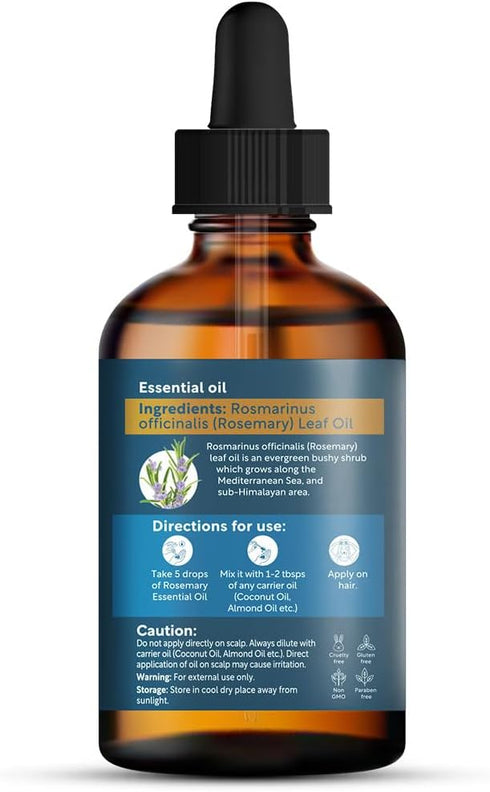 Herbsindia 3.3 Oz 100% Rosemary Essential Oil for Hair - Huge Fl - Pure - Premium Grade with Glass Dropper, Undiluted