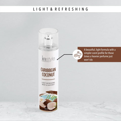 Instyle Fragrances Body & Hair Mist - Caribbean Coconut Scent, Vegan, Paraben Free, 8 Fl Oz Spray Bottle