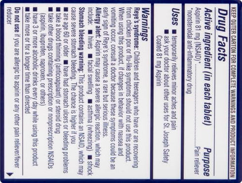 St. Joseph Aspirin Pain Reliever (NSAID) 81mg, Enteric Safety Coated, Adult Low Dose Regimen, 36 ct