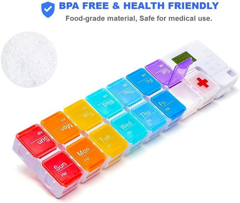7 Day Pill Organizer with 4 Reminder Alarms, Loud Sound, 14 Large Compartments, Moisture-Proof Design