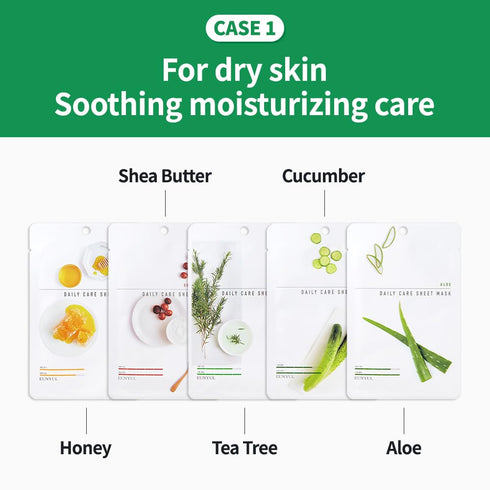 EUNYUL Daily Care Facial Sheet Mask Pack (12 types) - Vegan Korean Skincare for Hydrating and Nourishing