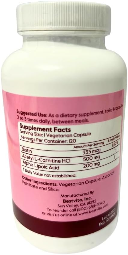 BESTVITE Acetyl L-Carnitine 500mg & Alpha Lipoic Acid 200mg per Capsule - 240 Vegetarian Capsules, Vegan, Non-GMO