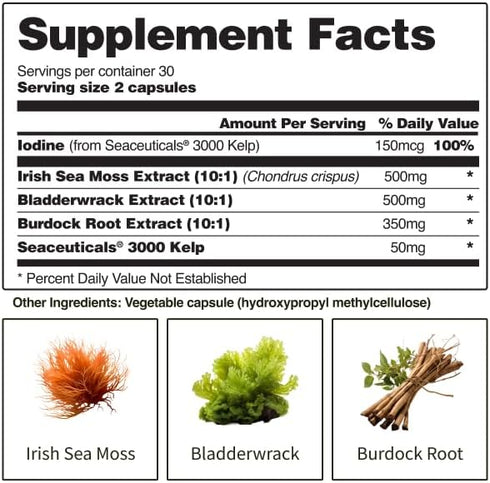 Irish Sea Moss Capsules w/Bladderwrack, Burdock Root & Iodine - 60 Capsules for Mood, Immunity & Digestion Support