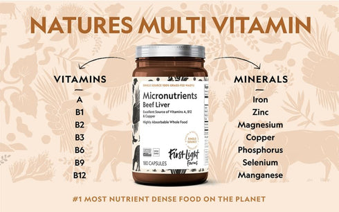 First Light Farms Grassfed Beef Liver Supplement, Freeze Dried Grass-Fed Liver Capsules, Vitamin B12, Copper, Iron, 180