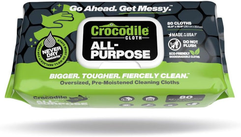 Crocodile Cloth All-Purpose Cleaning Wipes, 80 Biodegradable, 10" x 15", Safe on Skin & Surfaces