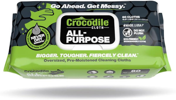 Crocodile Cloth All-Purpose Cleaning Wipes, 80 Biodegradable, 10" x 15", Safe on Skin & Surfaces