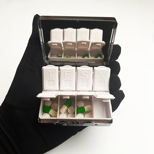 Marbel Stone 7 Days Pill Organizer, Chromed Shiny Silver Rectangle Pill Box with Mirror, 8 Separate Compartments