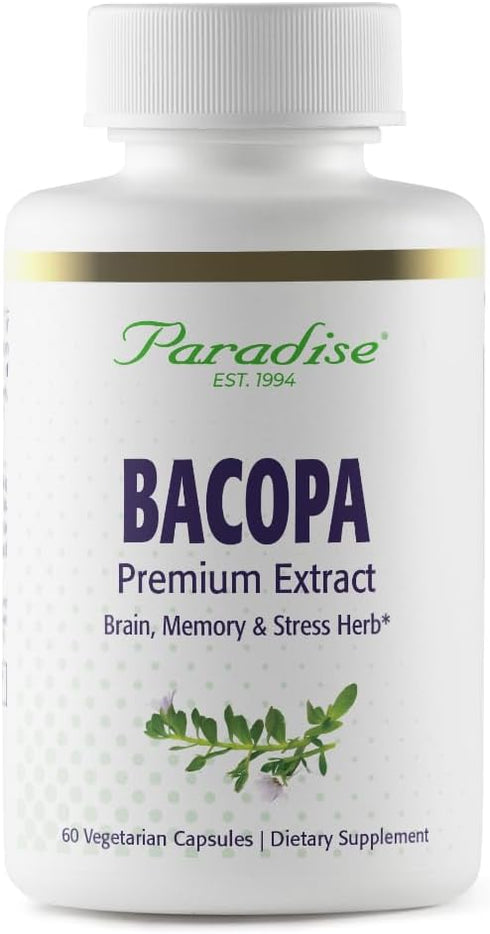 Paradise Herbs Bacopa Extract, Vegan, Non-GMO, Gluten-Free, 60 Capsules