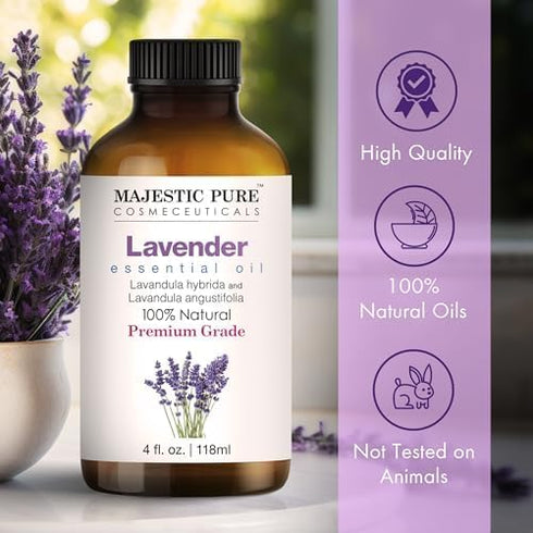 Majestic Pure Lavender Essential Oil, 4 Fl Oz - 100% Pure with Glass Dropper - Premium Grade for Diffuser