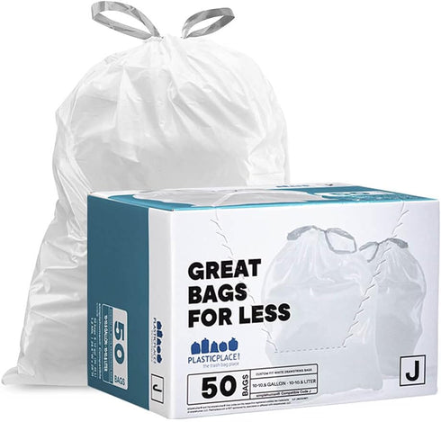 Plasticplace Custom Fit Trash Bags, 50 Count, Compatible with simplehuman Code J, White Drawstring Liners, 10-10.5