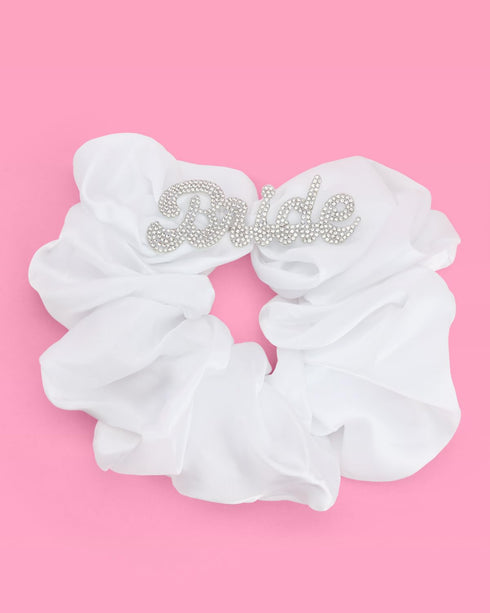 xo, Fetti Ivory XL Bride Rhinestone Scrunchie - Satin Hair Tie, Bachelorette Party Accessory, Bridal Shower Favor
