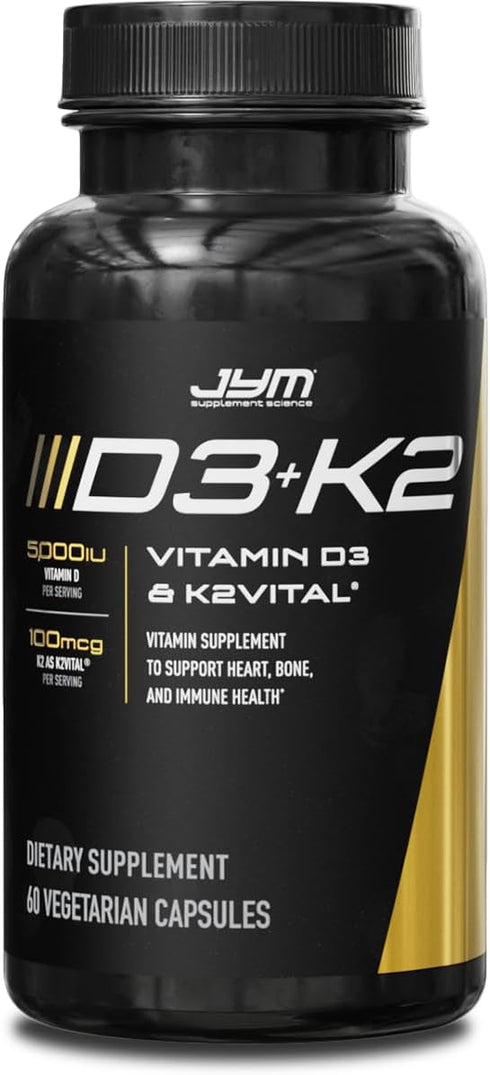 JYM D3 + K2 - 5000iu D3 & 100mcg Vitamin K2 as MK-7 for Bone, Cardiovascular + Immune Health for Men & Women - Softgel