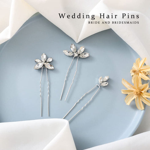 JAKAWIN Rhinestone Bride Wedding Hair Pins, Silver Crystal Hair Piece Bridal Accessories for Women (Pack of 3)