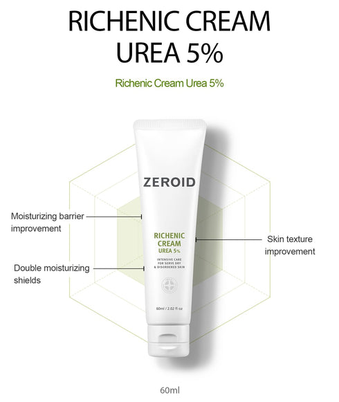 ZEROID Richenic Cream with Urea 5% - Intensive Skin Care for Dry Skin, Korean Face Moisturizer, 2 fl oz