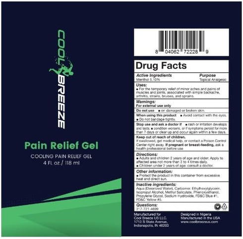 Cool Breeze Pain Relief Gel – Topical Gel for Muscle Soreness, Joint Pain & Aches, 4oz Tube