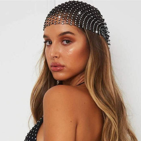 JEAIRTS Sparkly Rhinestone Mesh Headband, Stretchy Crystal Nightclub Headwrap for Women and Girls (1-Black)